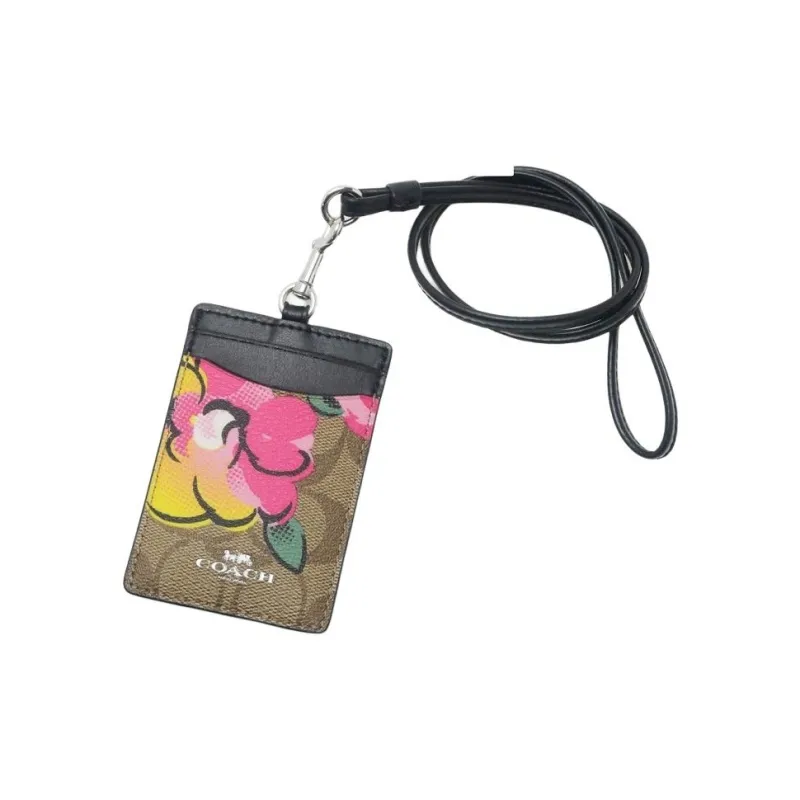 COACH Lanyard Leather Card Holder Small Size Women's Black Brown Multicolor-2