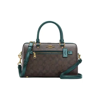COACH Rowan Canvas Leather Handbags Boston Bag Crossbody Bags Large Size Women's Brown & Metal Green