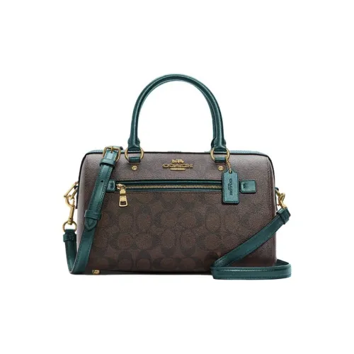 COACH Rowan Canvas Leather Handbags Boston Bag Crossbody Bags Large Size Women's Brown & Metal Green