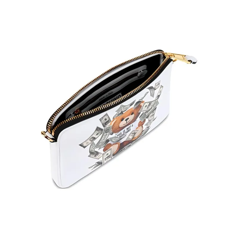 MOSCHINO Leather One Shoulder Crossbody Clutches Women's White-2