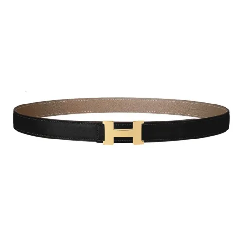 HERMES Calfskin, Gold Plated Leather Belts Women's Black/Brown Width 2.4cm