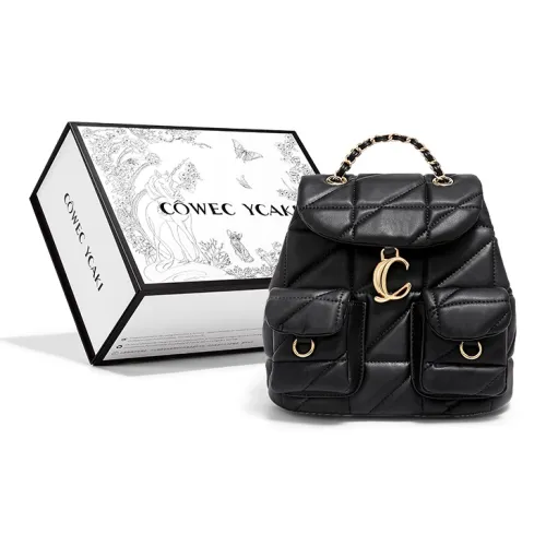 COWEC YCAKI Cow Split Leather Bonded Synthetic Leather Chain Backpack Small Size Women's Black/White