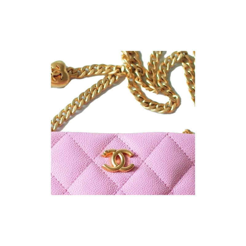 CHANEL 23P SS Grain Embossed Cow Leather Hobo Bag, Small Square Bag, Shoulder Bag, Crossbody Bag Trumpets Unisex Pink-2