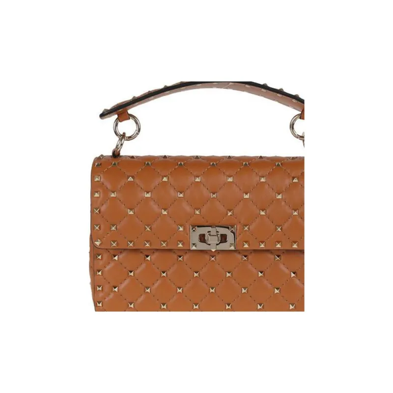 Valentino Rockstud Leather One Shoulder Handbags Medium Size Women's Flesh Cardamom Color-3