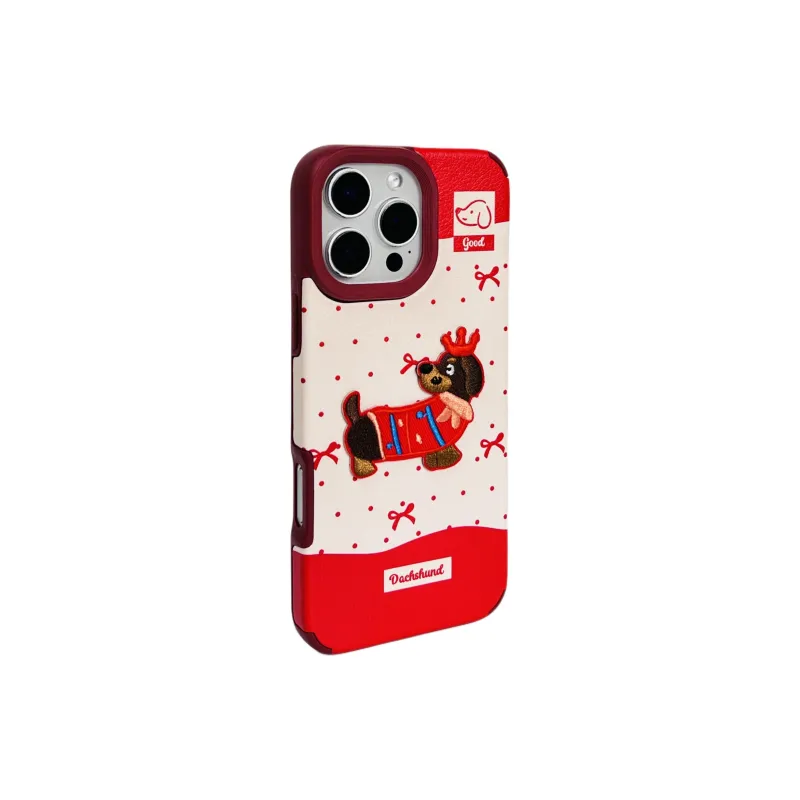 Wei Xin Leather Material Red Polka Dot Embroidered Puppy Lanyard Phone Cases Compatible With IPhone 16/15/14/13/Pro/Mac-9