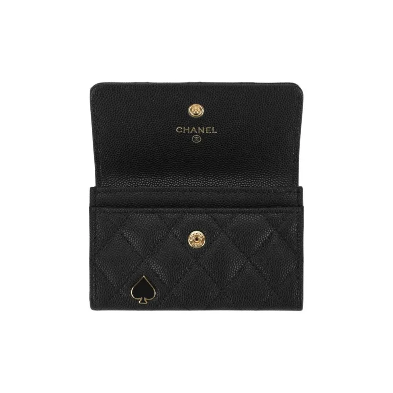 CHANEL 23C Early Spring Grain Embossed Caviar Calfskin With Gold Metal Flap Bag Card Holder Women's Black-4