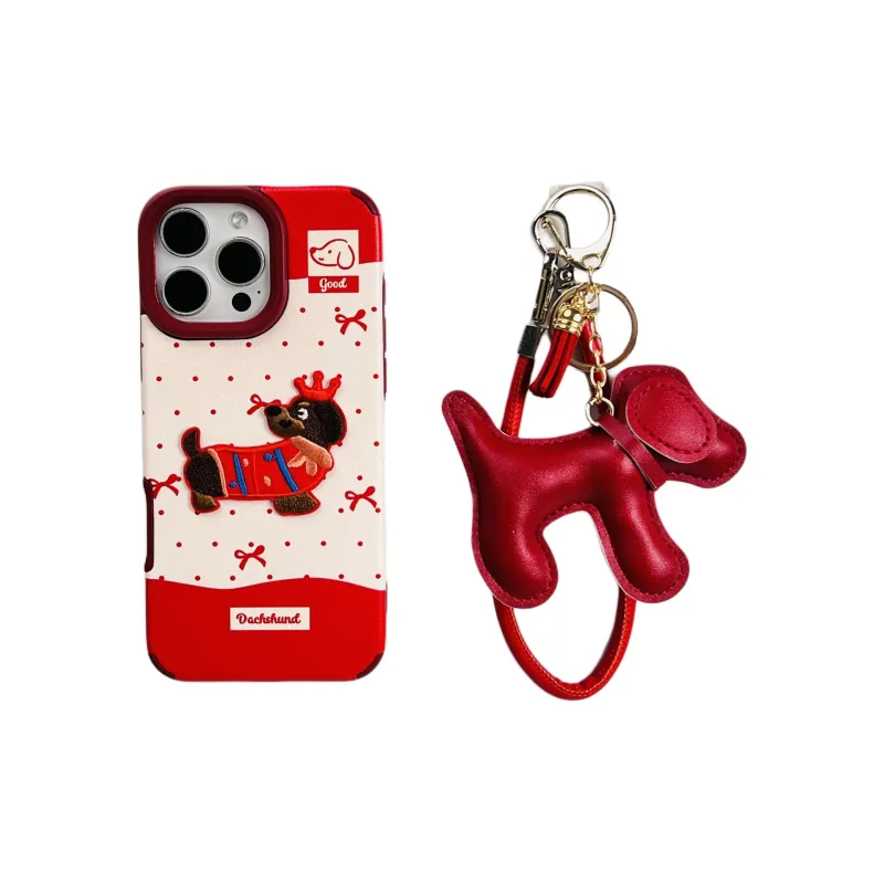 Wei Xin Leather Material Red Polka Dot Embroidered Puppy Lanyard Phone Cases Compatible With IPhone 16/15/14/13/Pro/Mac-7