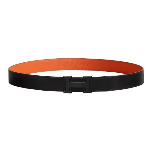 HERMES Metal Calf Leather Leather Belts Men's Black Width  3.2CM