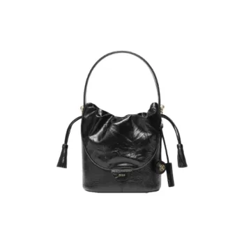 ZESH Cow Leather Bucket Bag, One Shoulder Handbag Small Size Women's Black/Brown/Black Handheld Texture