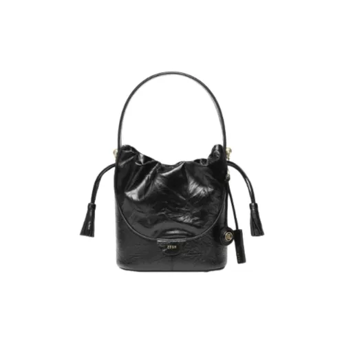 ZESH Cow Leather Bucket Bag, One Shoulder Handbag Small Size Women's Black/Brown/Black Handheld Texture