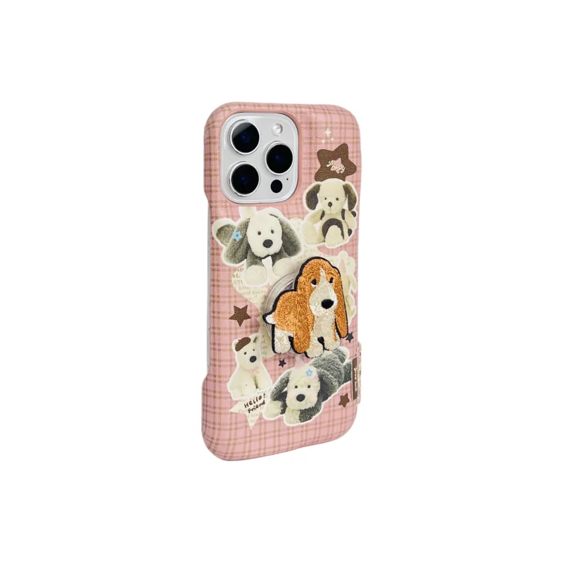 Wei Xin Acrylic Material Leather Plaid Plush Puppy Phone Cases Compatible With IPhone 16/15 Pro Max/Apple 13/14 Pro/Max-1