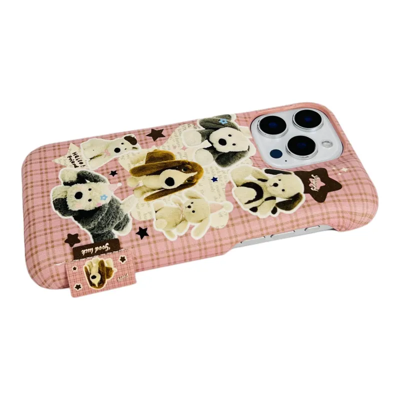 Wei Xin Acrylic Material Leather Plaid Plush Puppy Phone Cases Compatible With IPhone 16/15 Pro Max/Apple 13/14 Pro/Max-7