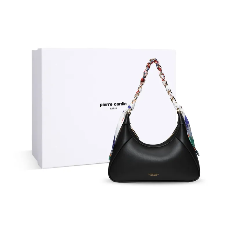PIERRE CARDIN Cow Leather Shoulder Bag, Crescent Bag, Shoulder Bag Women's Black/Light Brown-0