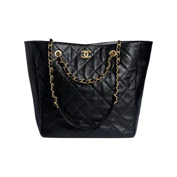 CHANEL Leather Crossbody Bag Shopping Tote Large Size Women's Black