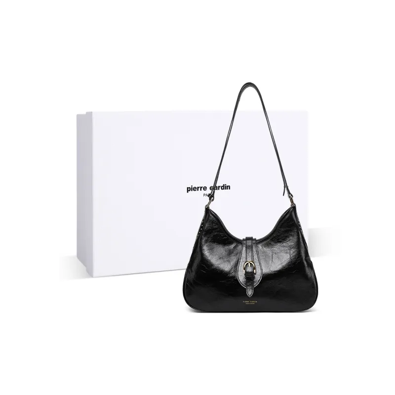 PIERRE CARDIN Oil Wax Cow Leather Crossbody Bag, Shoulder Bag Regular Women's Black/Bitter Coffee-0