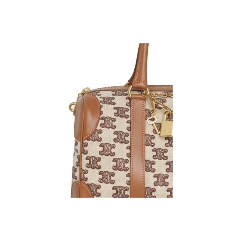 CELINE Fabric With Cow Leather Patchwork Trim Boston Bag Shoulder Bag Crossbody Bag Handbag Small Size Women's Brown-3