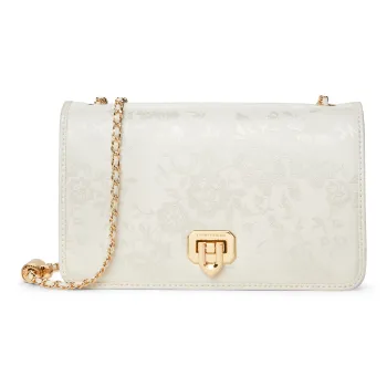 CHARLES&KEITH PU Laminated Textile Crossbody Bag Small Size Women's Black/Cream Milk White/Crimson Red Crimson