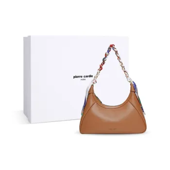 PIERRE CARDIN Cow Leather Shoulder Bag, Crescent Bag, Shoulder Bag Women's Black/Light Brown