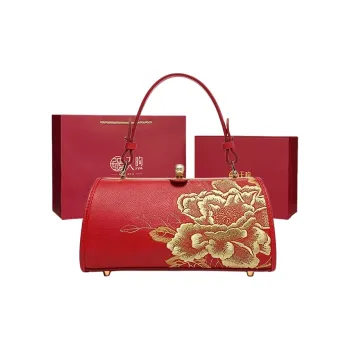 Pmsi Top Grain Cow Leather Handcrafted Embroidery Cheongsam Crossbody Handbag Large Size Women's Black/Red