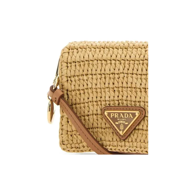 PRADA Raffia With Leather One Shoulder Crossbody Card Holder Women's Beige-3