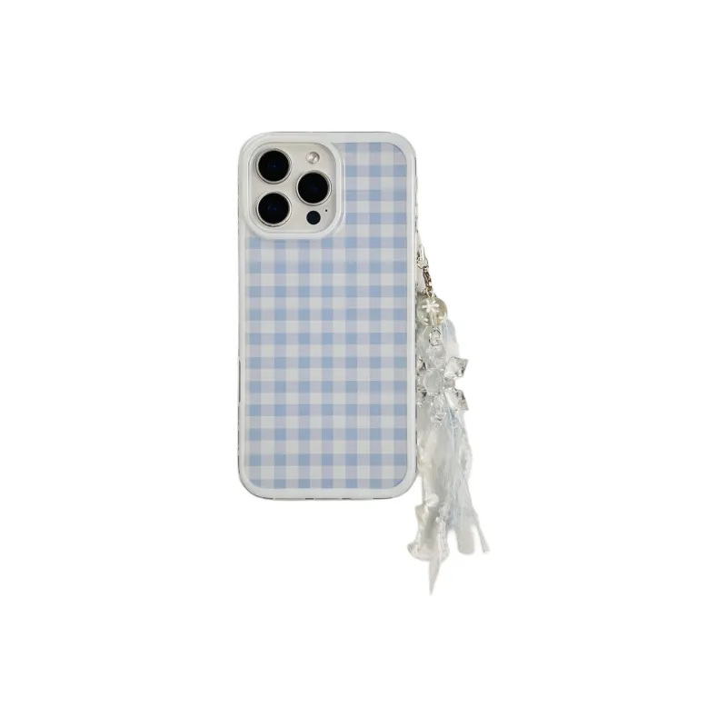 Wei Xin Acrylic Material Blue Plaid Stand Pendant Phone Cases Compatible With IPhone 16/15 Pro Max/Apple 13/14 Pro/Max-6