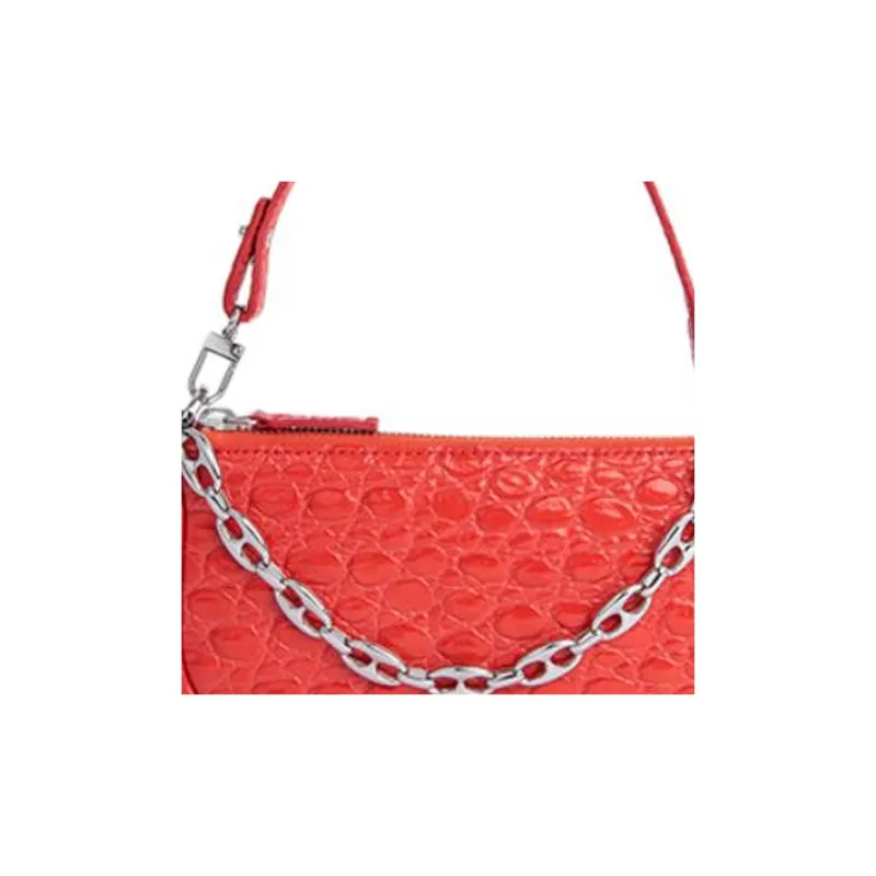 By Far Mini Rachel Crocodile Pattern Cow Leather Handbag Shoulder Bag Small Size Women's Flame Red-1