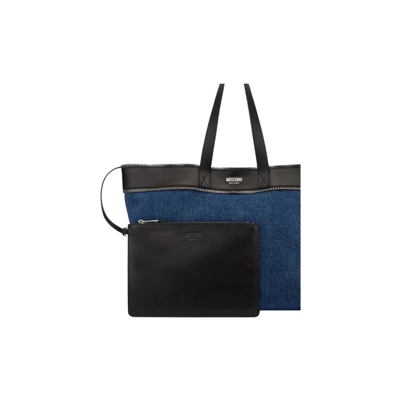MOSCHINO Zip trim Denim And Leather Tote Bag-3