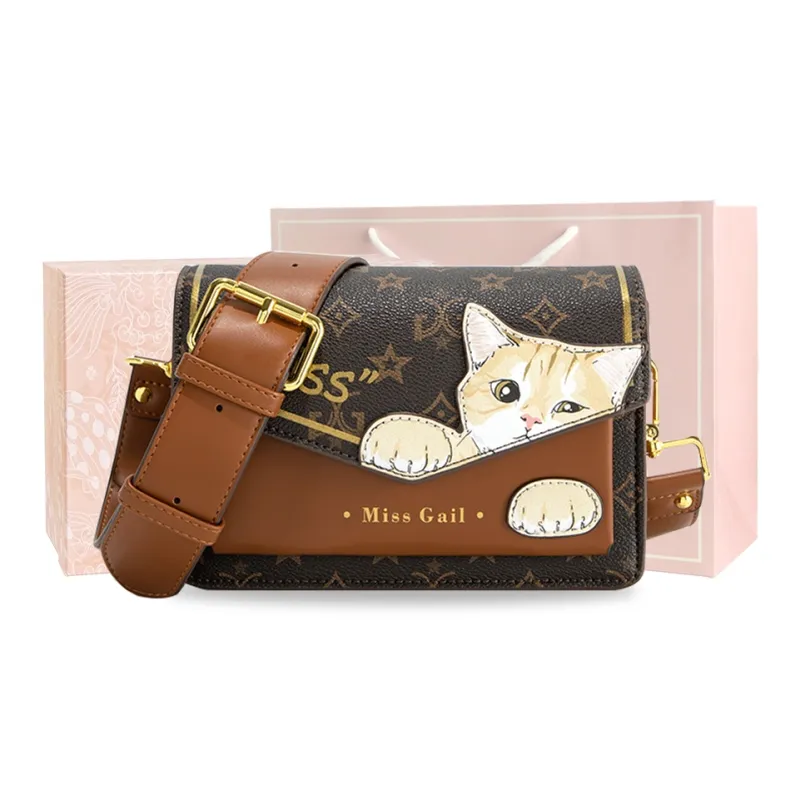 MISS GAIL Synthetic Leather One Shoulder Handbag, Crossbody Bag Regular Women's Monogram Brown/Monogram White-0