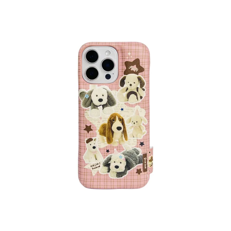 Wei Xin Acrylic Material Leather Plaid Plush Puppy Phone Cases Compatible With IPhone 16/15 Pro Max/Apple 13/14 Pro/Max-4