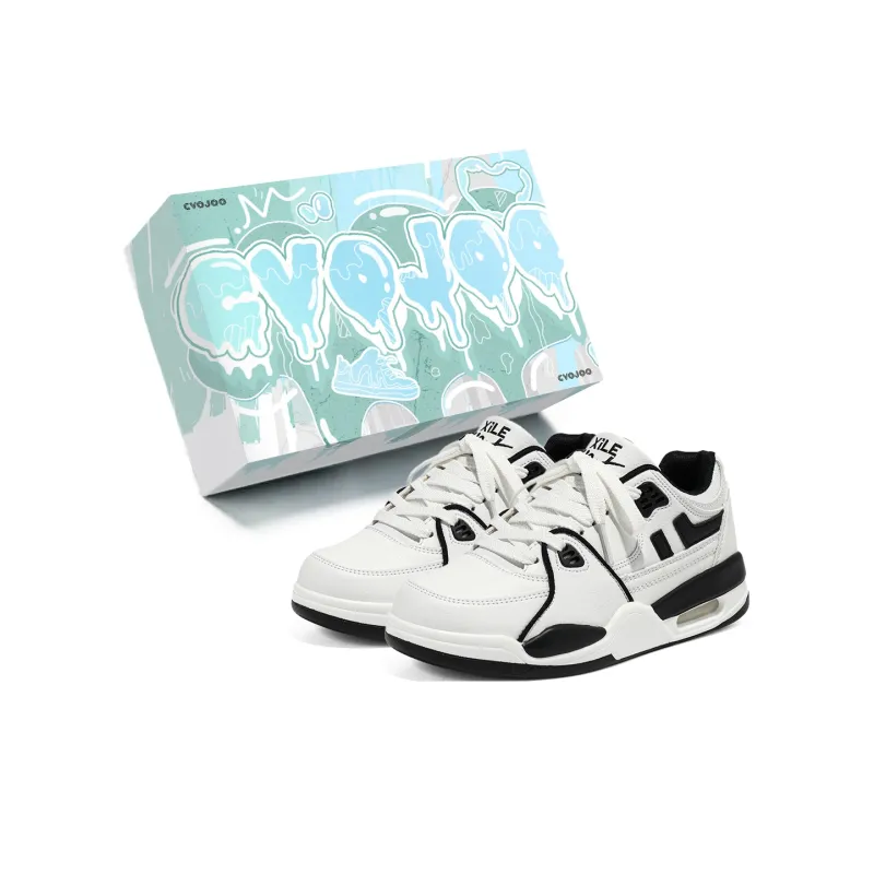 CVOJOO Puffy Shoes Wear-Resistant Mid-Top Skateboard Shoes Unisex White Black-6