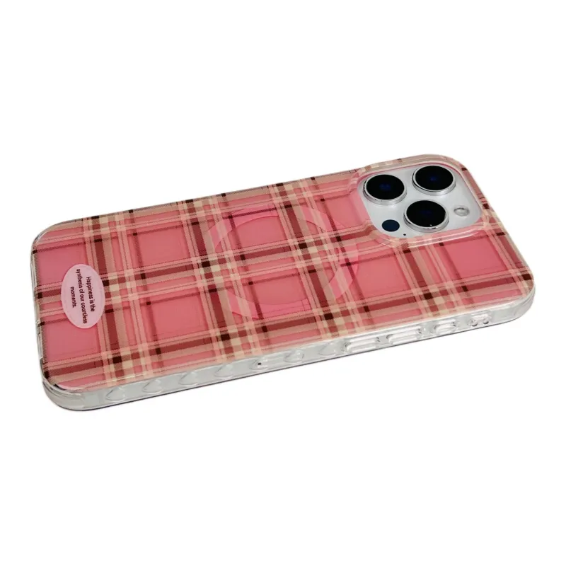 Wei Xin Acrylic Material Pink Plaid Magnetic Stand Phone Cases Compatible With IPhone 16/15 Pro Max/Apple 13/14 Pro/Max-7