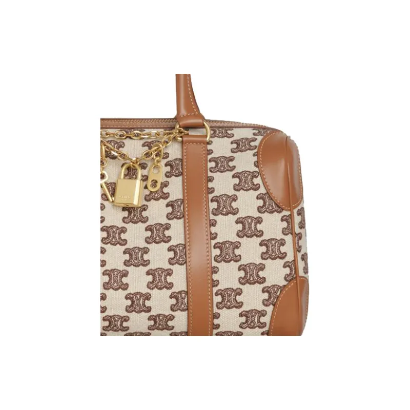 CELINE Fabric With Cow Leather Patchwork Trim Boston Bag Shoulder Bag Crossbody Bag Handbag Small Size Women's Brown-4