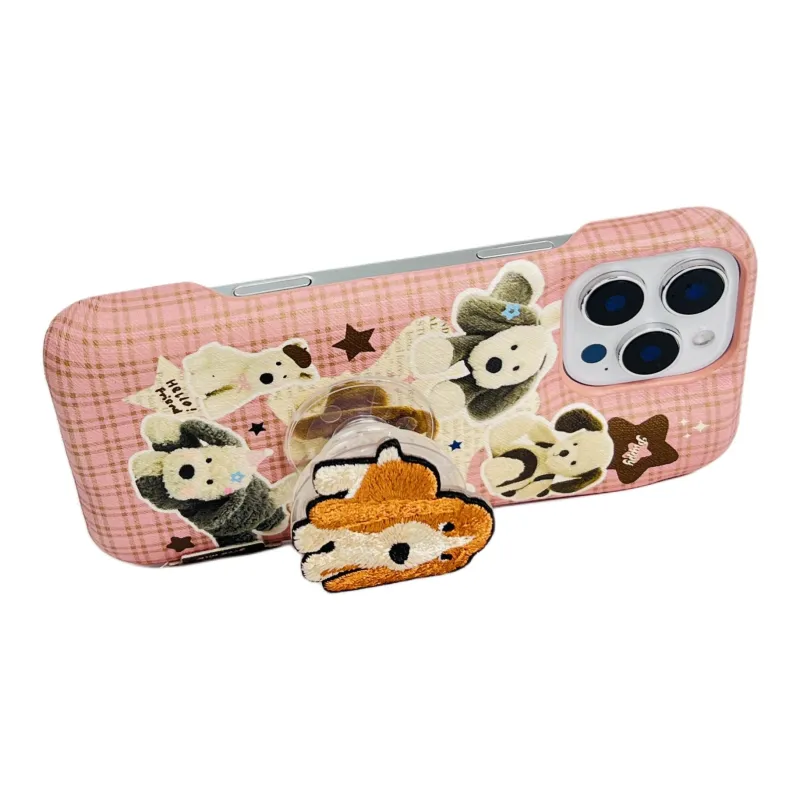 Wei Xin Acrylic Material Leather Plaid Plush Puppy Phone Cases Compatible With IPhone 16/15 Pro Max/Apple 13/14 Pro/Max-3