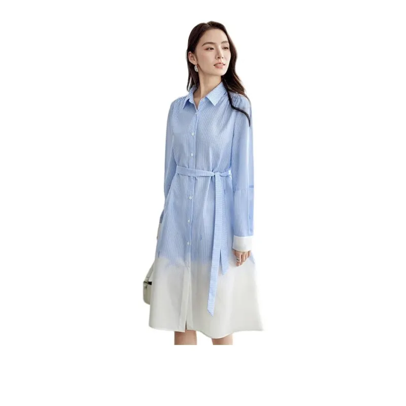 SENTUBILA Long Sleeved Dress Women's Light Blue Stripes-2