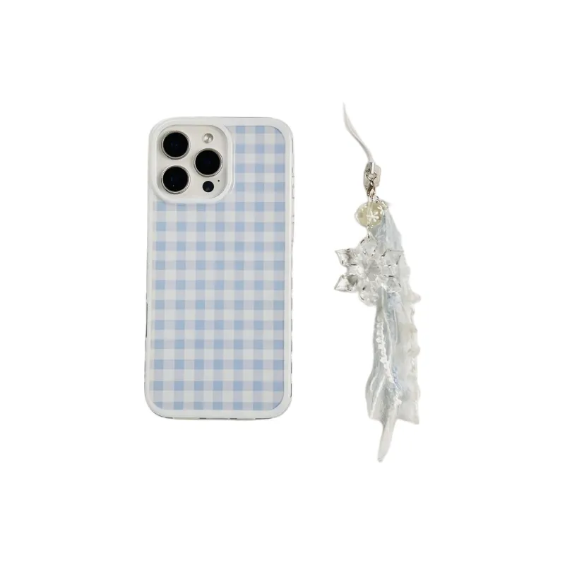 Wei Xin Acrylic Material Blue Plaid Stand Pendant Phone Cases Compatible With IPhone 16/15 Pro Max/Apple 13/14 Pro/Max-7