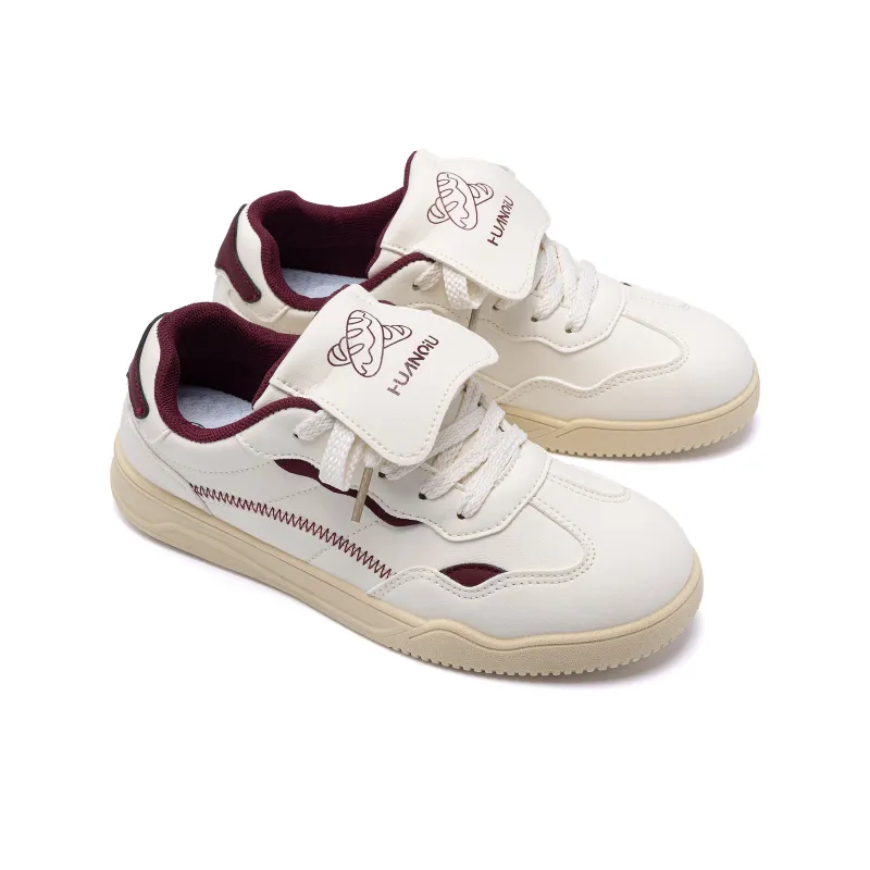 HUANQIU Anti Slip Wear Resistant Low Top Skateboard Shoes Women's Beige Burgundy-3