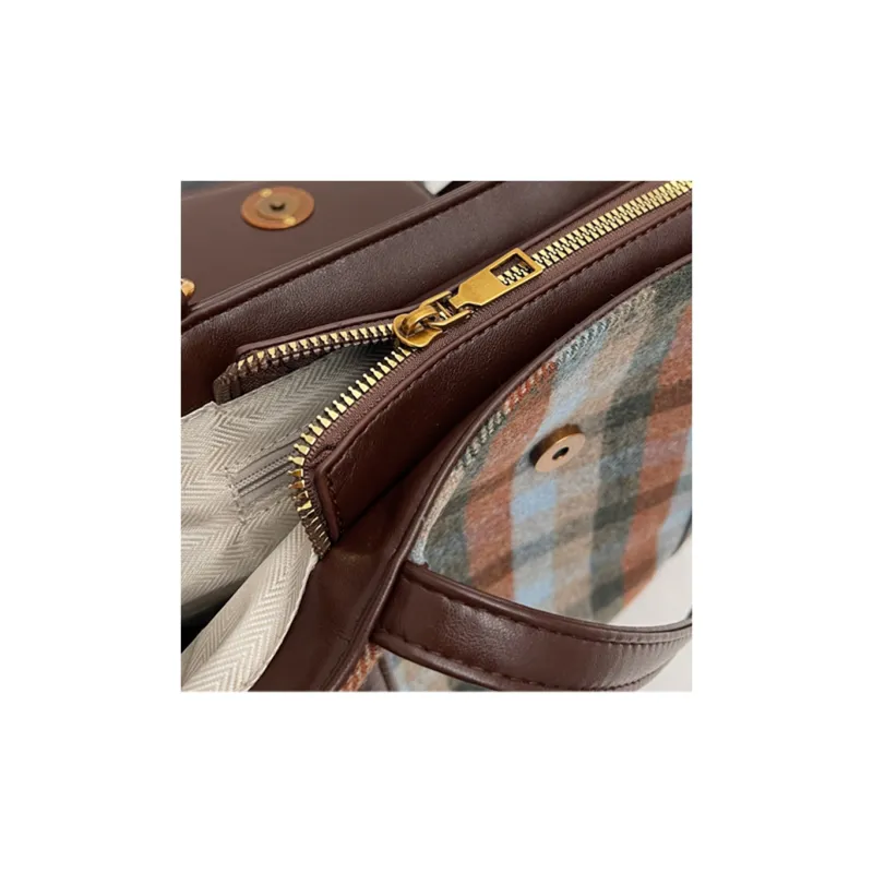 JIANMU PU Tote Double Shoulder Handbag, Shoulder Bag Regular Women's Yellow Plaid/Brown Plaid/Blue Plaid-1