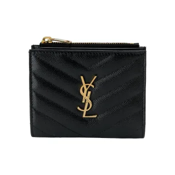 SAINT LAURENT CASSANDRE Quilting Grain Embossed Leather Card Holder, Wallet Women's Black
