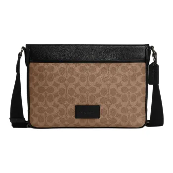 COACH DISTRICT Coated Canvas Shoulder Bag Crossbody Bag Large Size Men's Tan & Black