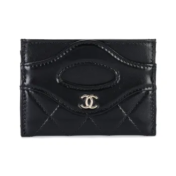 CHANEL Plaid Shiny Calfskin Card Clip Card Holder Unisex Black