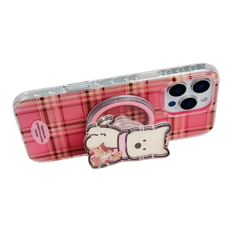 Wei Xin Acrylic Material Pink Plaid Magnetic Stand Phone Cases Compatible With IPhone 16/15 Pro Max/Apple 13/14 Pro/Max-3