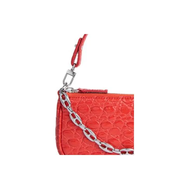 By Far Mini Rachel Crocodile Pattern Cow Leather Handbag Shoulder Bag Small Size Women's Flame Red-2