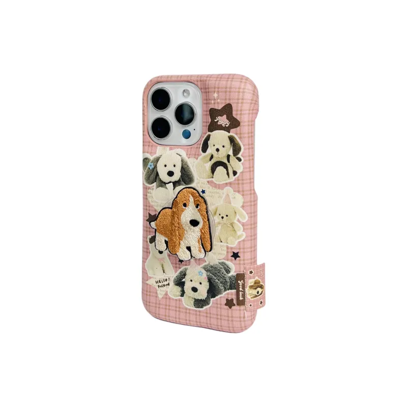 Wei Xin Acrylic Material Leather Plaid Plush Puppy Phone Cases Compatible With IPhone 16/15 Pro Max/Apple 13/14 Pro/Max-2