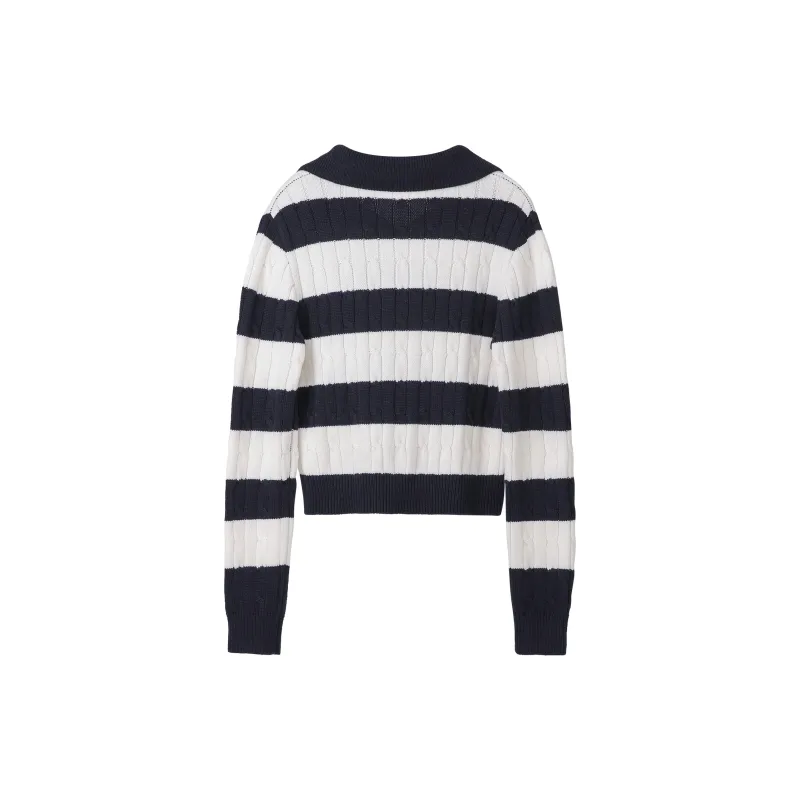 Fstudio Korean Preppy Style V-Neck Color Blocking Knitwear Women's Dark Blue White Stripes-1
