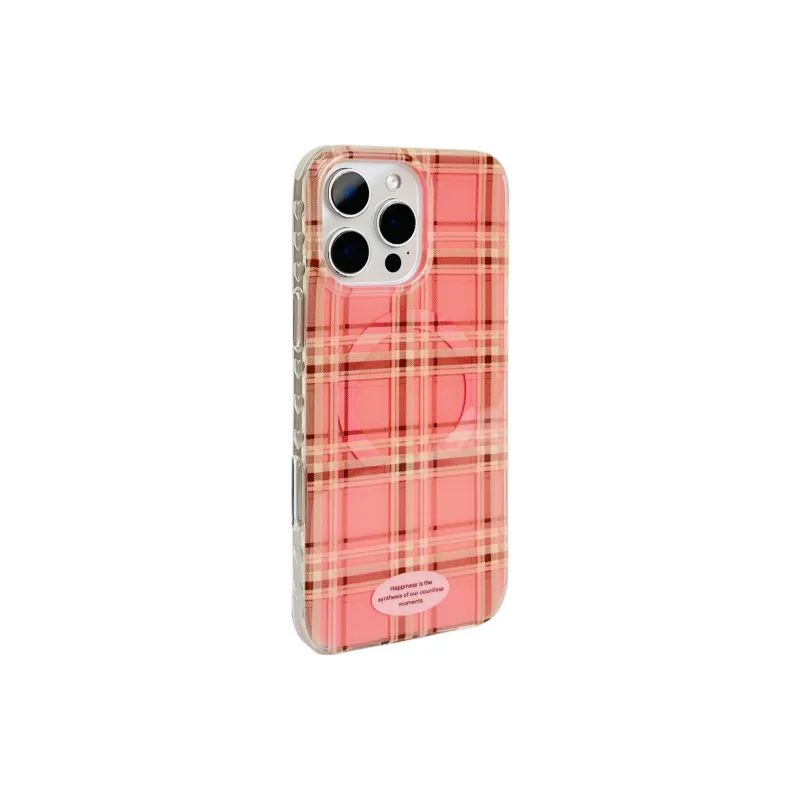 Wei Xin Acrylic Material Pink Plaid Magnetic Stand Phone Cases Compatible With IPhone 16/15 Pro Max/Apple 13/14 Pro/Max-5