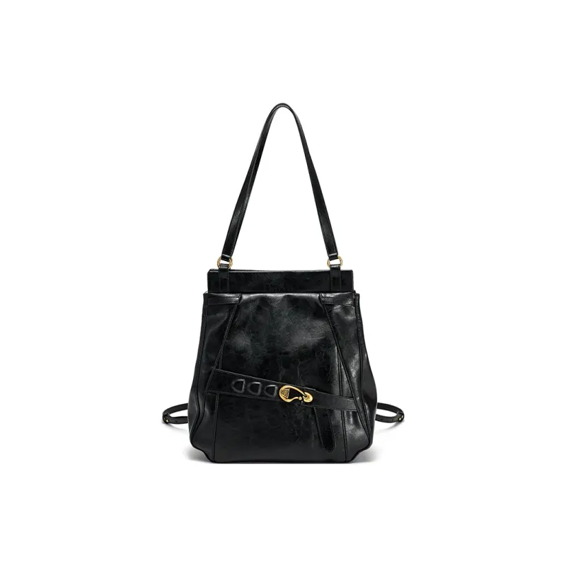 Simedin Cowhide Split Leather Backpack Shoulder Bag Large Size Women's Black-0