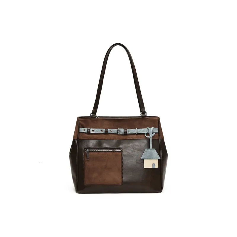 SURELAPTOP PU Shoulder Bag Tote Handbag Women's Black/Brown-5