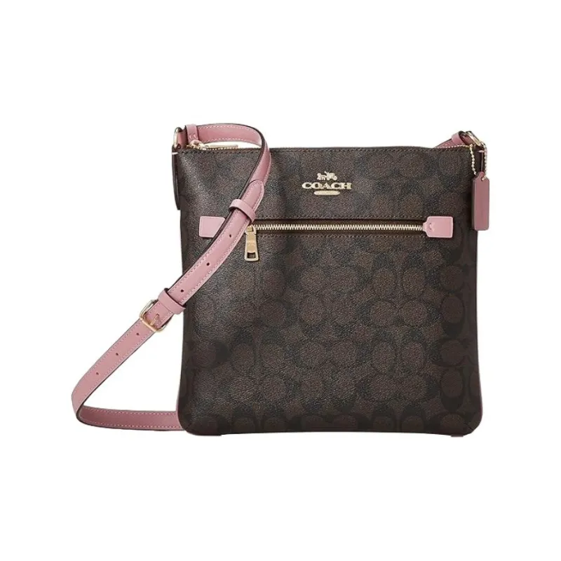 COACH Rowan Canvas With Leather Document Bag Crossbody Bag Shoulder Bag Medium Size Women's Brown/Shell Pink-1
