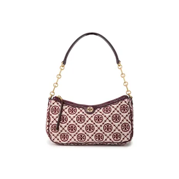 TORY BURCH T Monogram Chenille Studio Shoulder Bag Claret/New Cream
