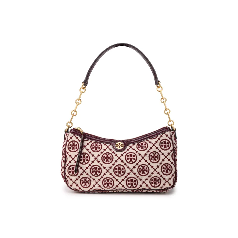 TORY BURCH T Monogram Chenille Studio Shoulder Bag Claret/New Cream-0